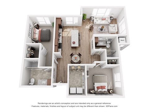 Floor plan for 2 beds, 2 baths, 1137 sqft